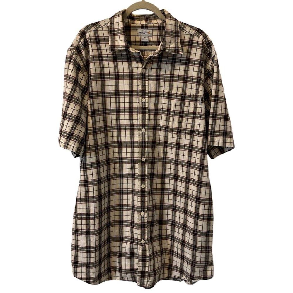 Men's Carhartt XL Tall Shirt Short Sleeve Button Down Tan Plaid Pocket EUC